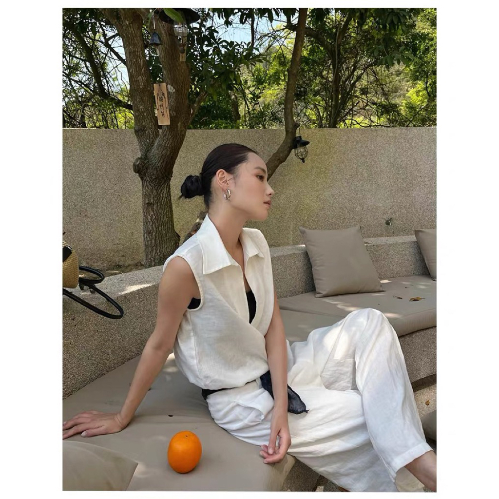 𝗢𝗹𝗶𝘃𝗲r-  Áo Linen cộc tay cổ V BEELY