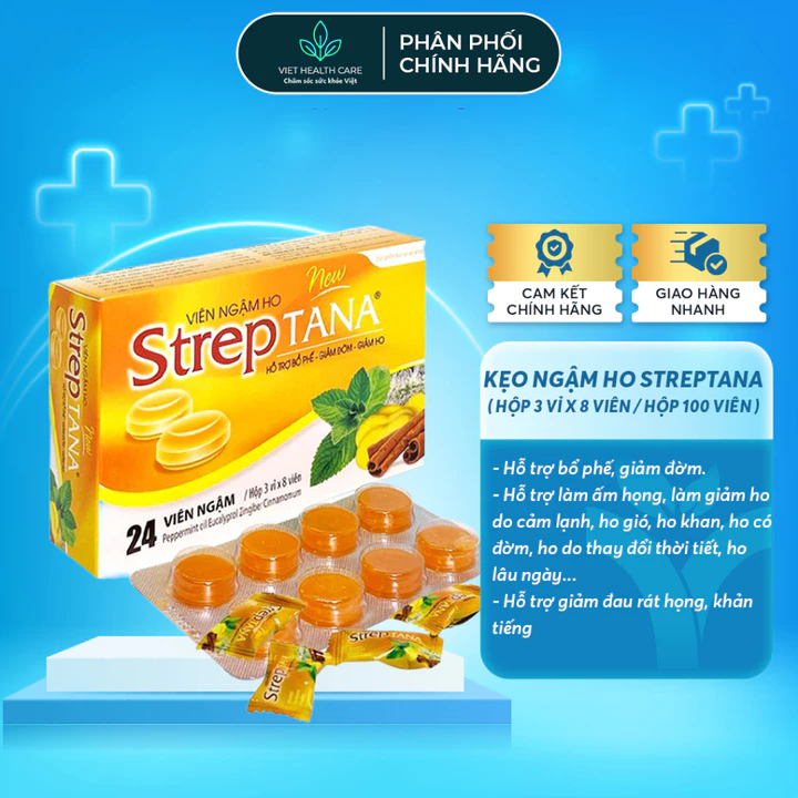 Viên Ngậm Ho - Kẹo Ngậm Ho Streptana Nguồn Gốc Thảo Dược, Giảm Ho, Đau Rát Họng VIET HEALTH CARE