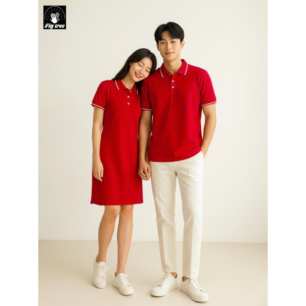Set Áo Váy Nam Nữ Fig Tree Thun Polo Cá Sấu Màu Đỏ Tươi Sáng, Hàng thiết kế, nhiều size, chất đẹp