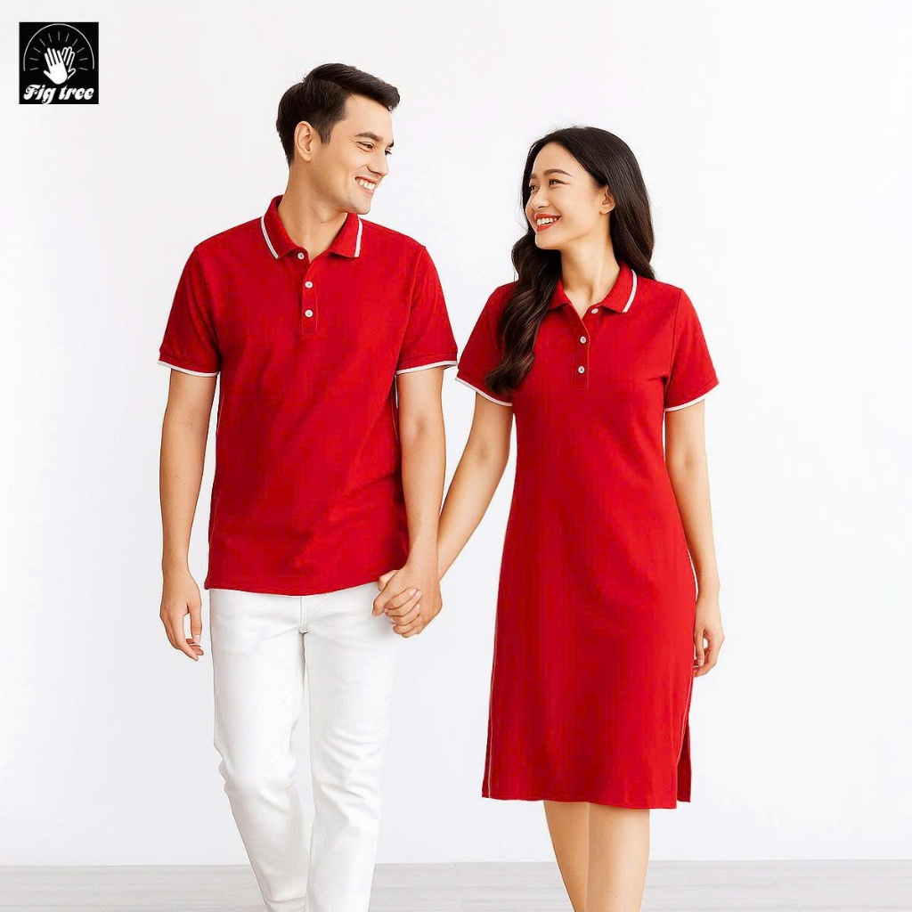 Set Áo Váy Nam Nữ Fig Tree Thun Polo Cá Sấu Màu Đỏ Tươi Sáng, Hàng thiết kế, nhiều size, chất đẹp
