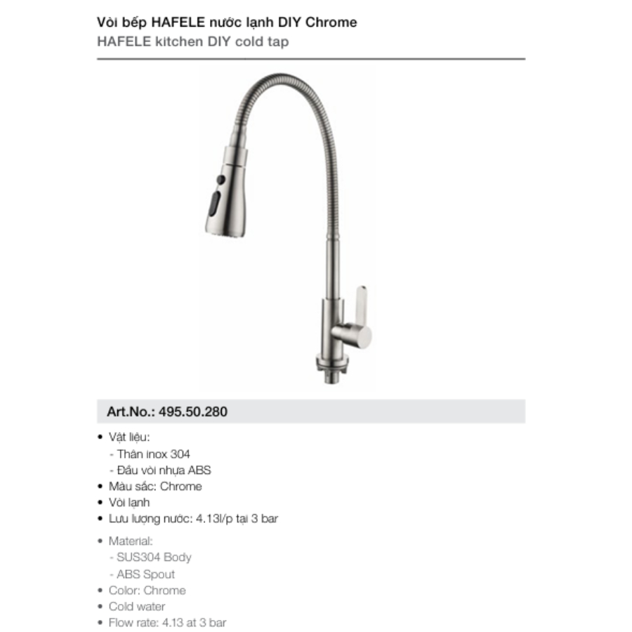 [NEW] Vòi Bếp HAFELE Nước Lạnh Chrome 495.50.280