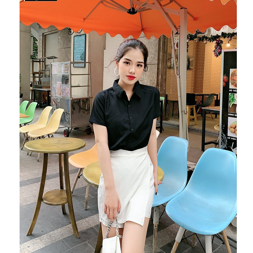Áo Sơ Mi Cặp Đôi Nam Nữ, Đồng Phục Fig Tree Màu Đen Tay Ngắn, Chất Cotton Trơn size 40-90kg