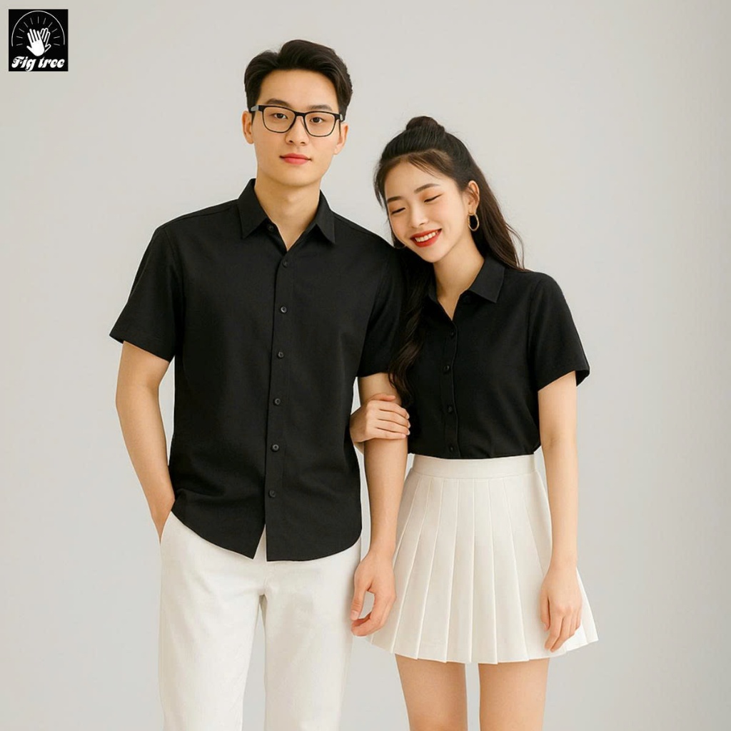 Áo Sơ Mi Cặp Đôi Nam Nữ, Đồng Phục Fig Tree Màu Đen Tay Ngắn, Chất Cotton Trơn size 40-90kg