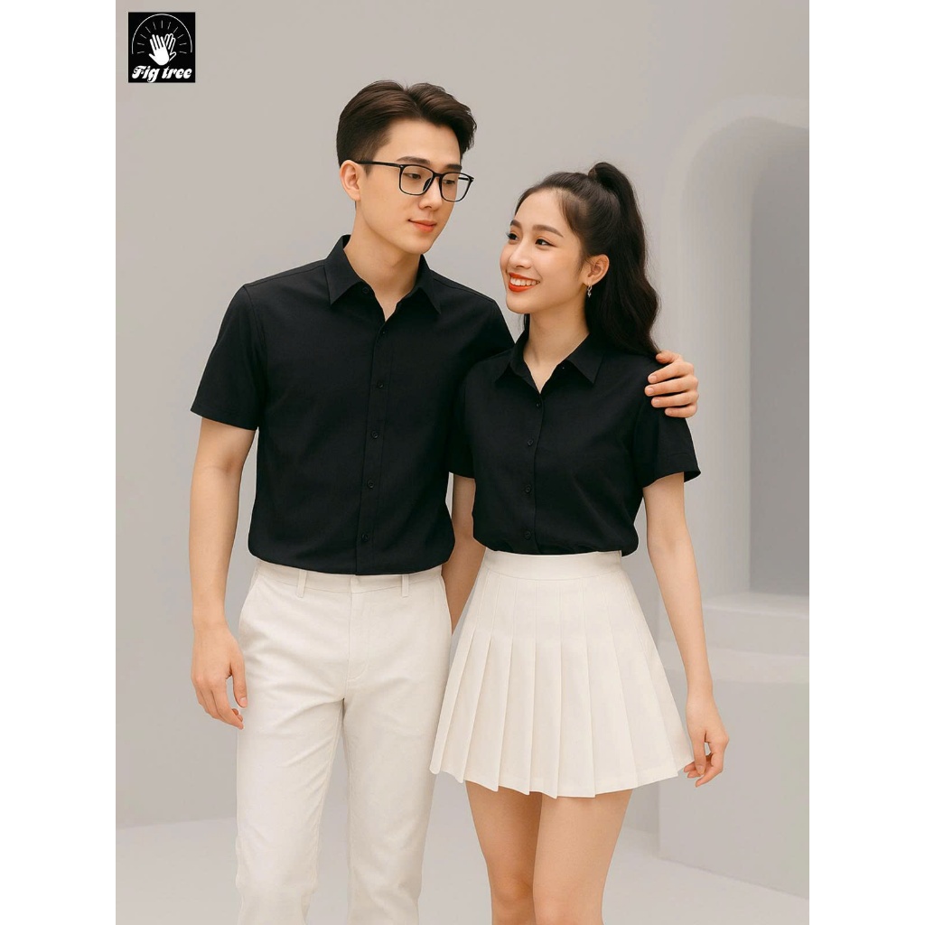Áo Sơ Mi Cặp Đôi Nam Nữ, Đồng Phục Fig Tree Màu Đen Tay Ngắn, Chất Cotton Trơn size 40-90kg