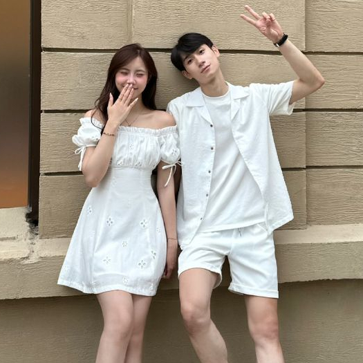Set áo sơ mi trắng nam váy trễ vai nữ Pretty 2 lớp dày dặn, đồ đôi đi biển, chụp ảnh couple - LILACLOTHES