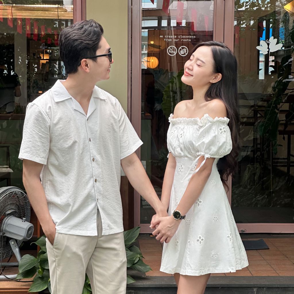 Set áo sơ mi trắng nam váy trễ vai nữ Pretty 2 lớp dày dặn, đồ đôi đi biển, chụp ảnh couple - LILACLOTHES