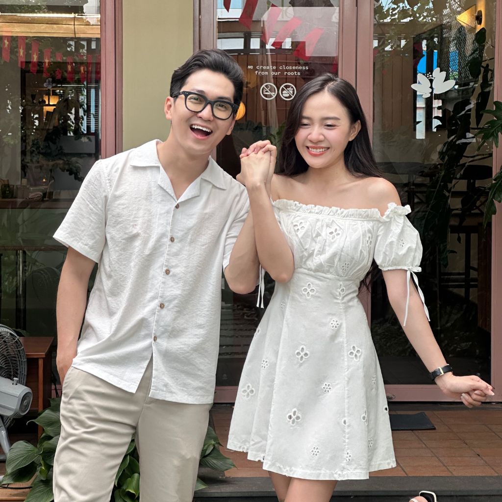 Set áo sơ mi trắng nam váy trễ vai nữ Pretty 2 lớp dày dặn, đồ đôi đi biển, chụp ảnh couple - LILACLOTHES
