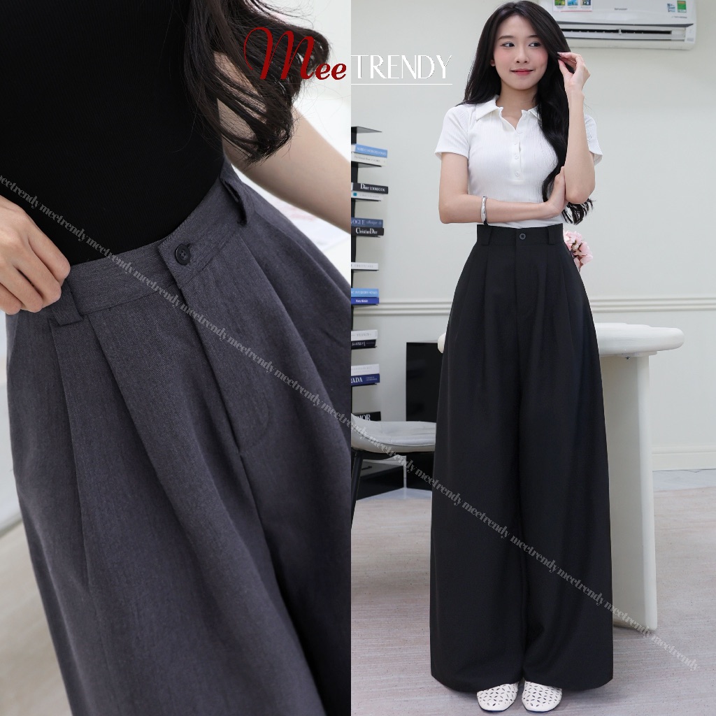 Quần Ống Rộng Nữ Túi Xéo Meetrendy, Thiết Kế Suông Dài Basic Vải Mát Đứng Form [Q0010]