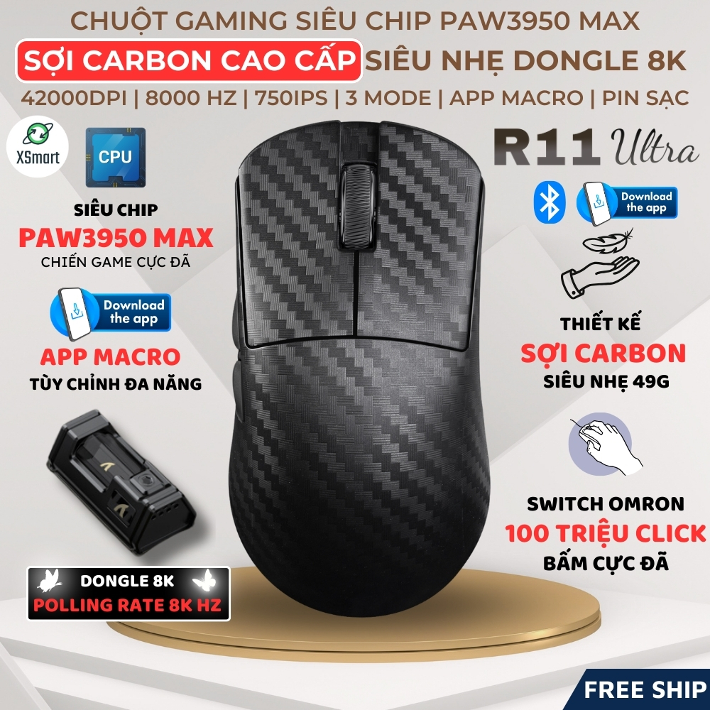 Chuột Gaming Không Dây Attack Shark R11 Ultra Sợi Carbon Siêu Nhẹ 49g ...
