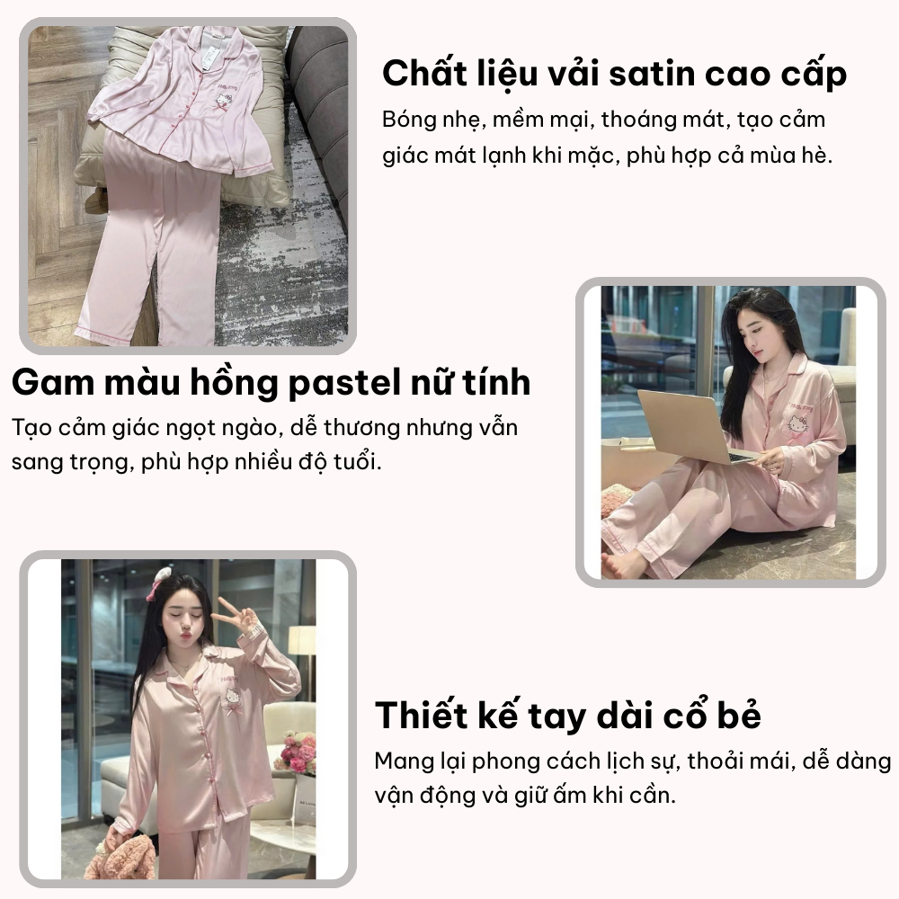 Bộ pyjama lụa, set mặc nhà và dạo phố hello kitty áo dài quần dài màu hồng dễ thương HCOM26407