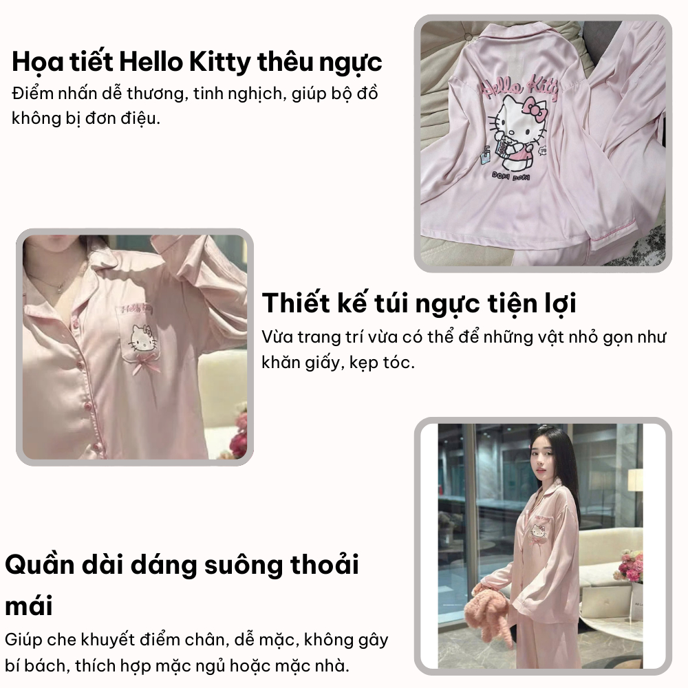 Bộ pyjama lụa, set mặc nhà và dạo phố hello kitty áo dài quần dài màu hồng dễ thương HCOM26407