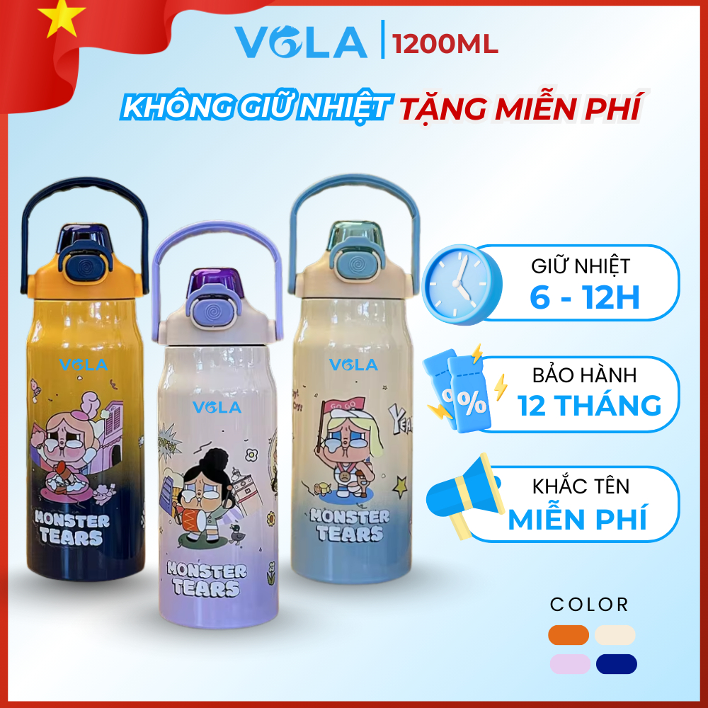 Bình Giữ Nhiệt VOLA Inox 316 1200ml Có Quai Xách, Bình giữ nhiệt dung tích lớn có khắc tên miễn phí.