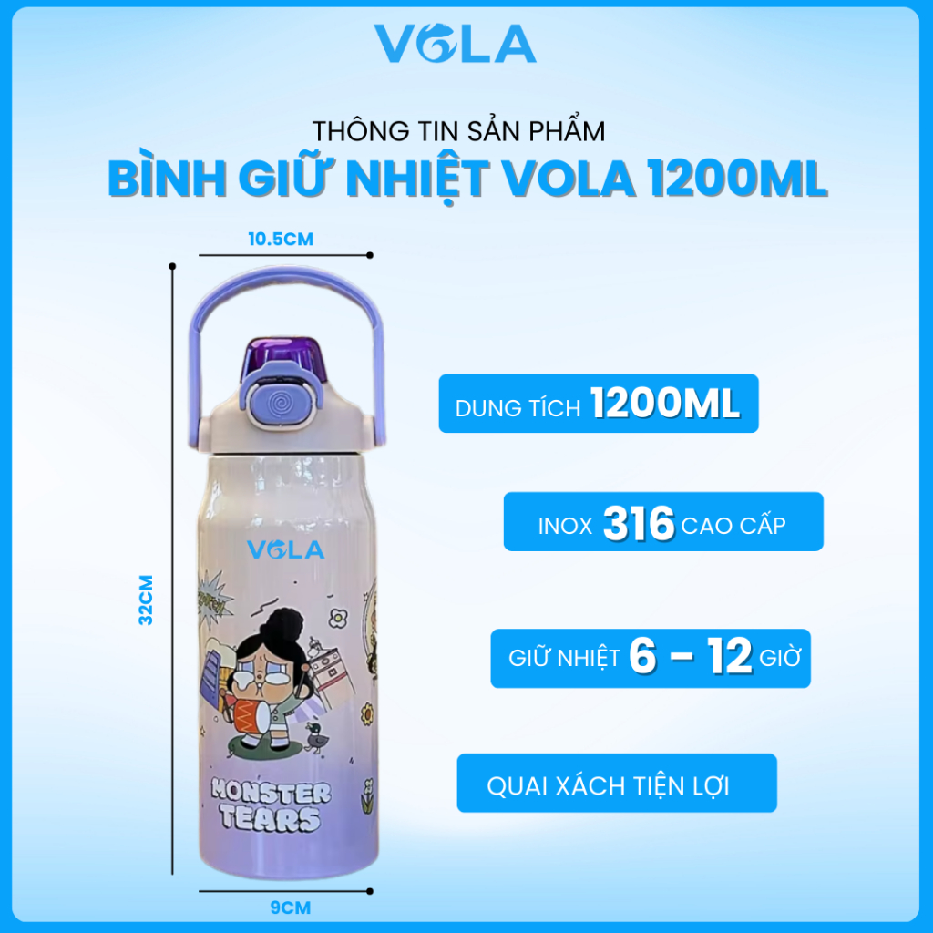 Bình Giữ Nhiệt VOLA Inox 316 1200ml Có Quai Xách, Bình giữ nhiệt dung tích lớn có khắc tên miễn phí.