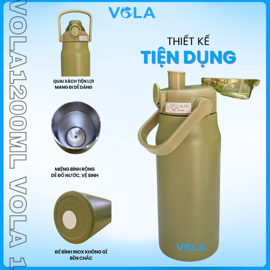 Bình Giữ Nhiệt VOLA Inox 316 1200ml Có Quai Xách, Bình giữ nhiệt dung tích lớn có khắc tên miễn phí.