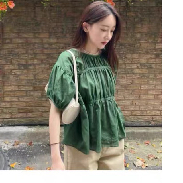 𝗣𝗶𝗻𝗲 -  Áo Linen tay phồng nhún babydoll