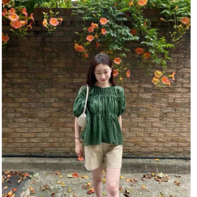 𝗣𝗶𝗻𝗲 -  Áo Linen tay phồng nhún babydoll