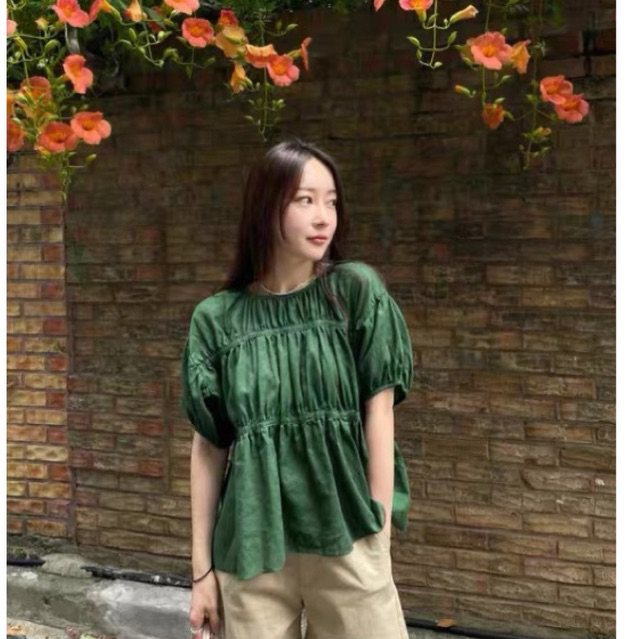 𝗣𝗶𝗻𝗲 -  Áo Linen tay phồng nhún babydoll