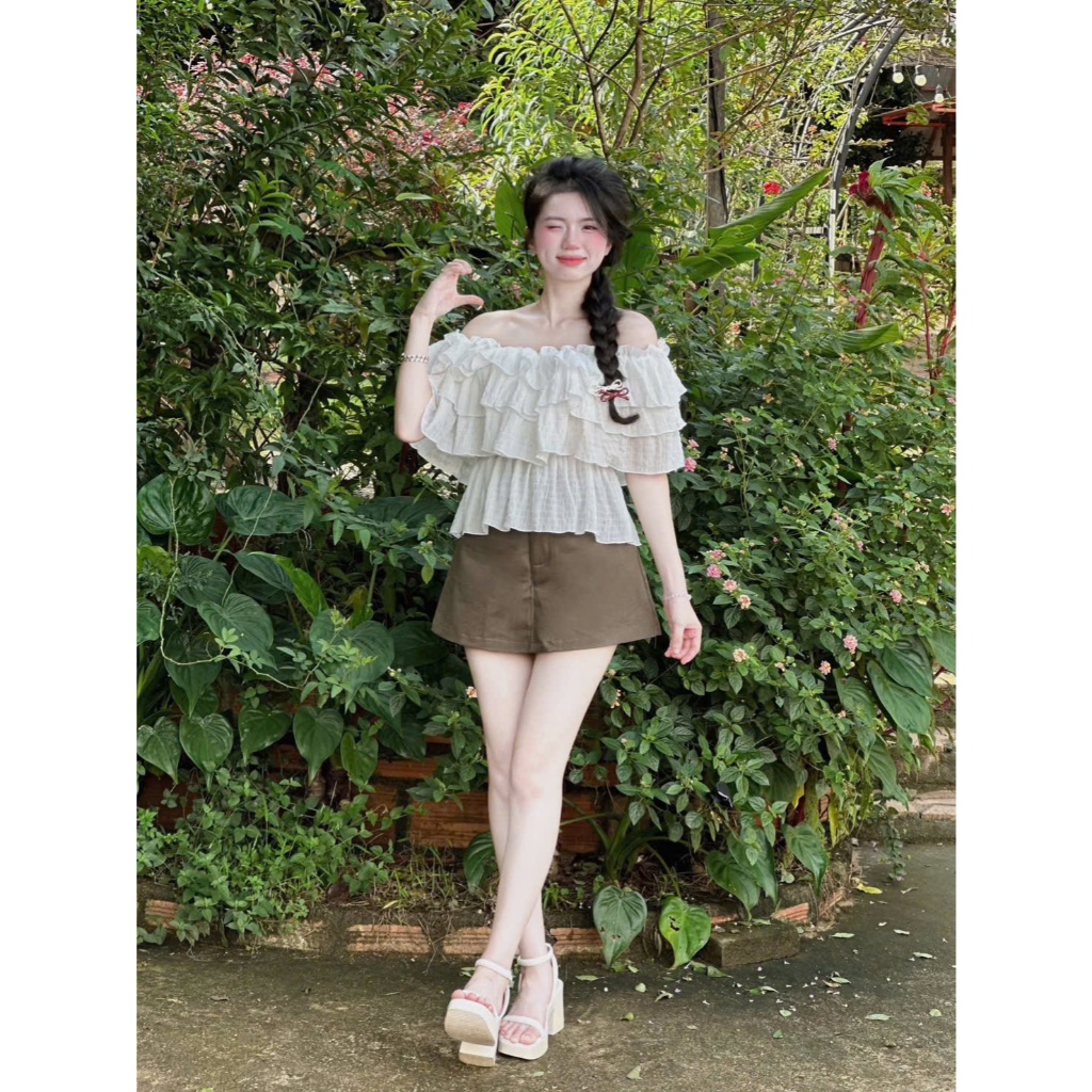 set áo trễ vai tầng bèo cách điệu + chân váy kaki dáng chữ a sang trọng đi chơi, dạo phố