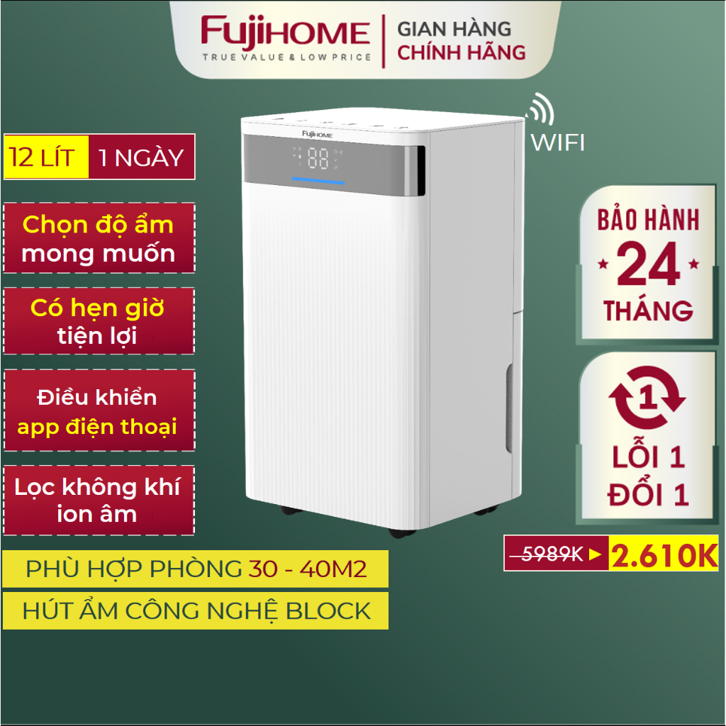 Máy hút ẩm dân dụng FUJIHOME DH12NW Nhập Khẩu, Máy hút ẩm không khí gia đình mini độ ồn thấp
