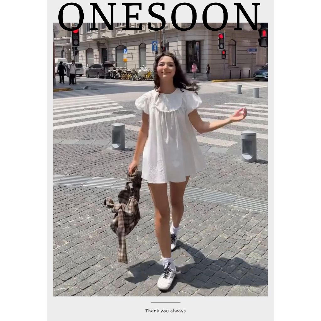 [Sẵn HỎA TỐC HÀ NỘI]ONESOON Đầm babydoll dáng ngắn xòe tay ngắn cổ tròn xếp ly kèm quần short ngọt ngào cho nữ