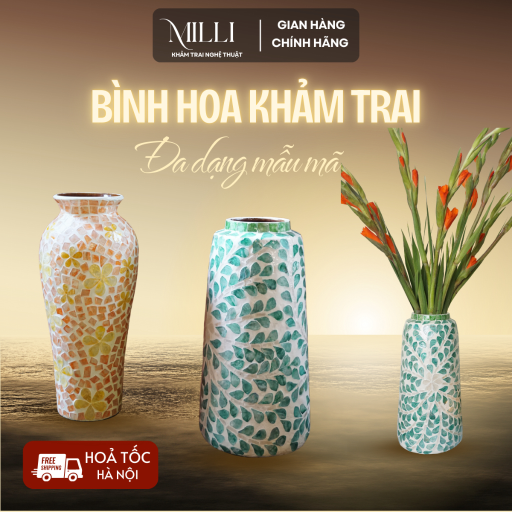 [ĐỘC QUYỀN] Bình hoa khảm trai thủ công cao cấp MILLI – đựng được nước cắm hoa tươi, quà tặng ý nghĩa