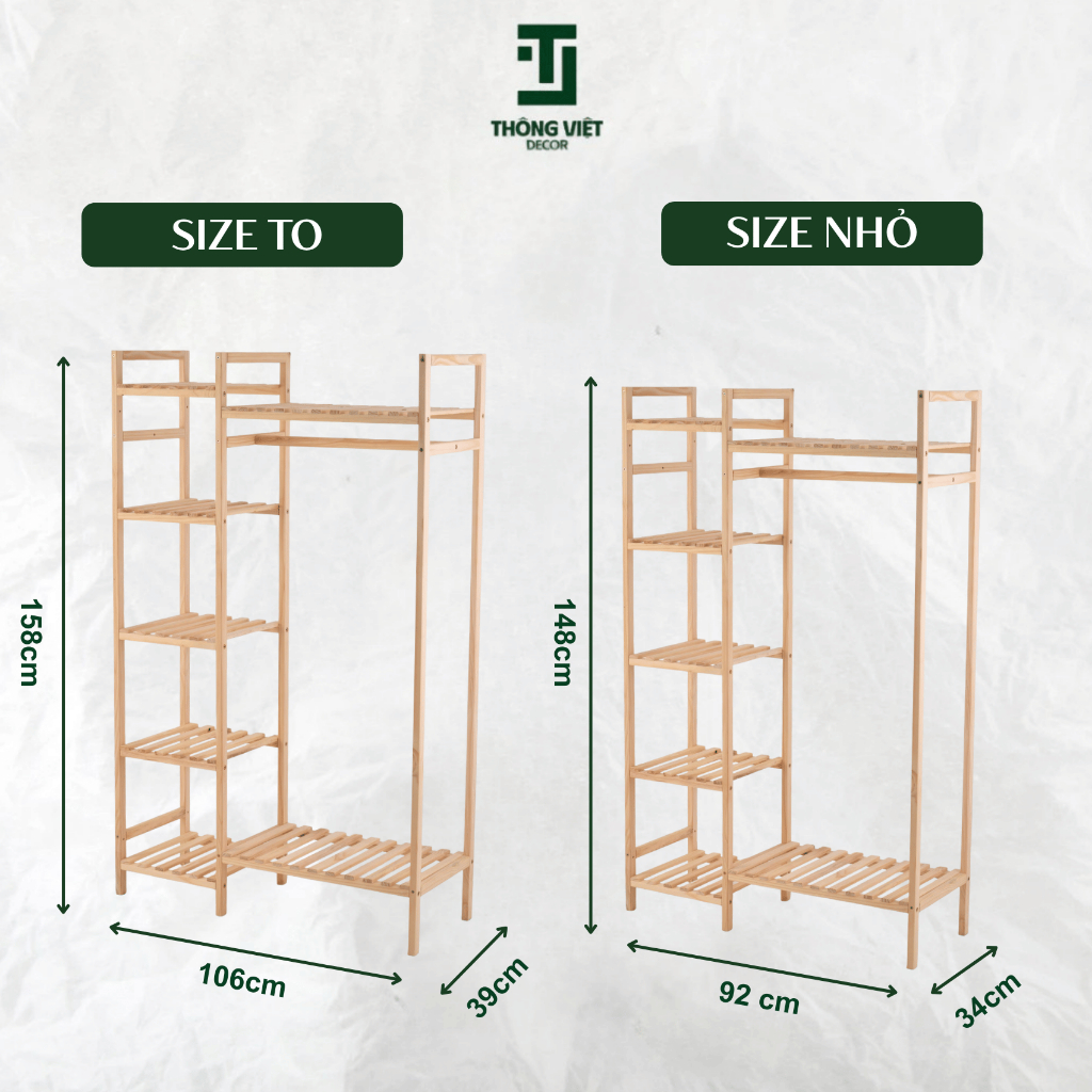 Kệ Vuông Treo Quần Áo, Giá Treo Đựng Đồ Gỗ Thông Tự Nhiên Chắc Chắn Nhiều Tầng Đa Năng Có Móc Treo