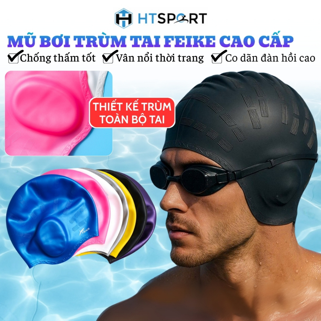 Mũ Bơi Trùm Tai Feike, Nón Bơi Nam Nữ Người Lớn Silicon Chống Thấm Nước, Bảo Vệ Tóc Tai Khi Bơi Lội