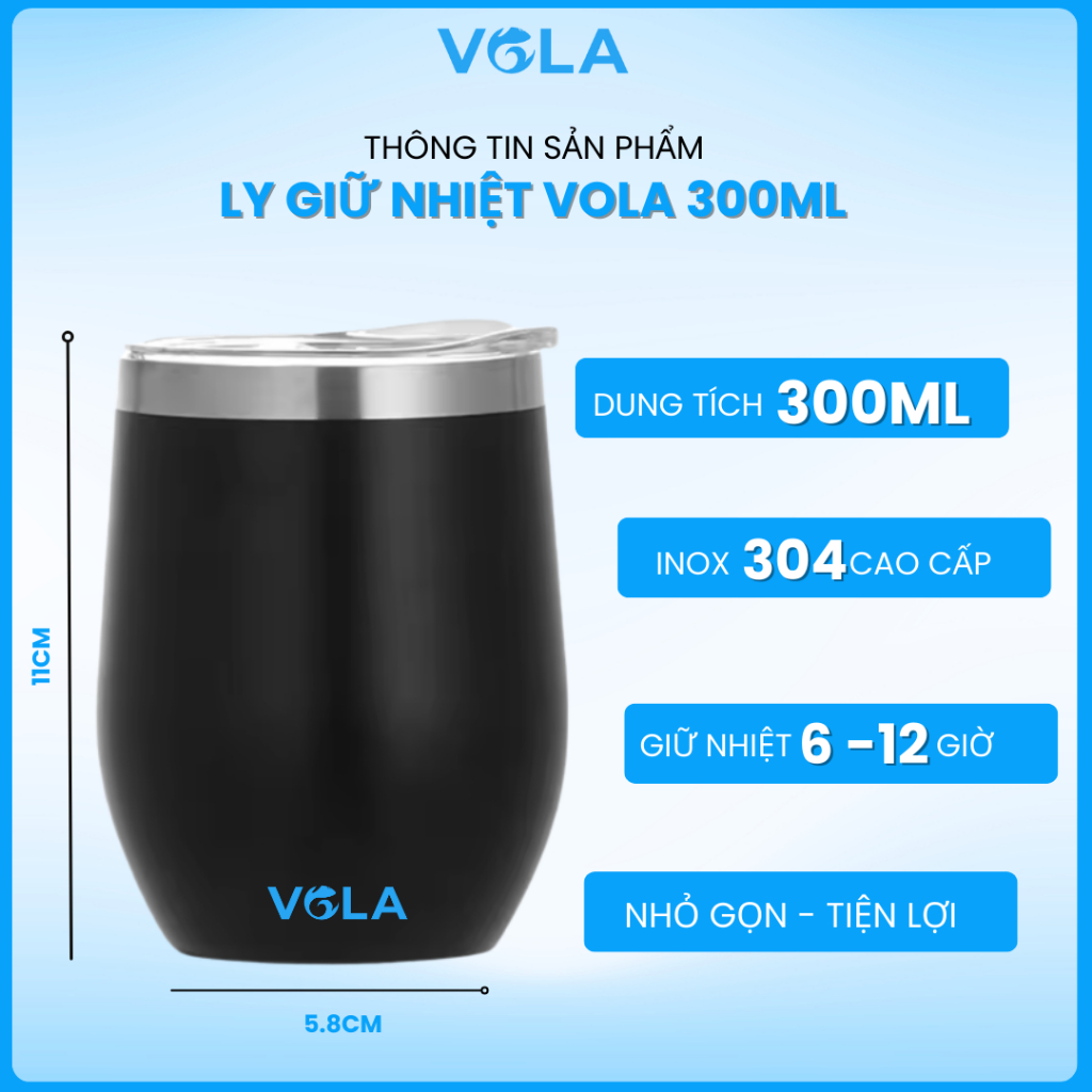Ly giữ nhiệt VOLA 360ml inox 304, Cốc giữ nhiệt nhỏ gọn tiện dụng, khắc tên miễn phí
