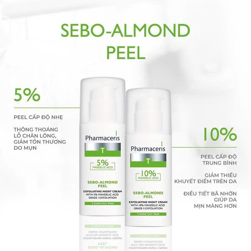 Kem dưỡng Pharmaceris 5% & 10% Mandelic Acid Sebo Almond Peel giảm dầu mụn ngăn bít tắc sáng da 50ml