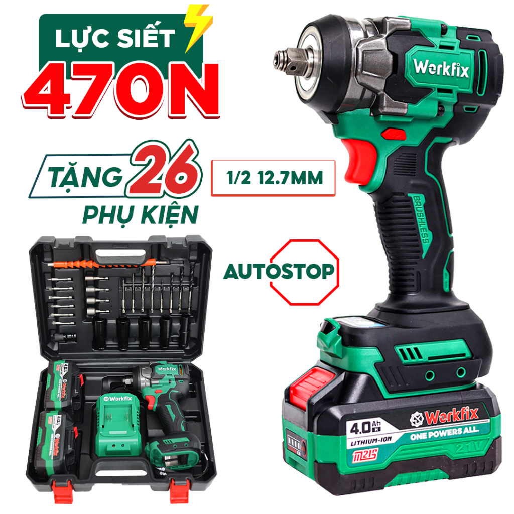 [TẶNG 26 PHỤ KIỆN] Máy Siết Bulong Workfix WF-IW470N - Điều Tốc 3 Cấp - Chuyên Mở Ốc Bé Hơn 28mmTính Năng