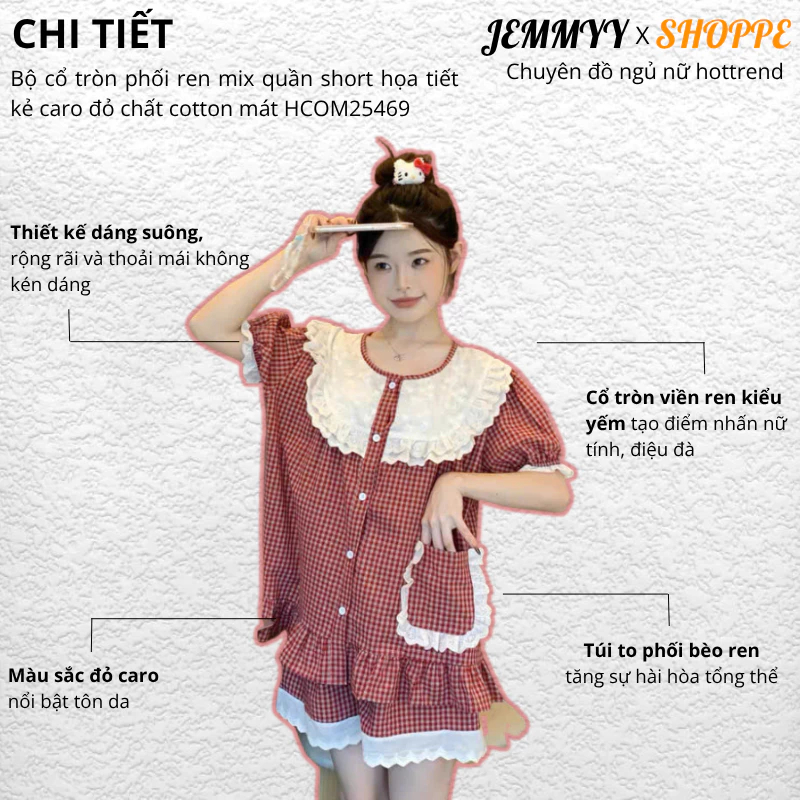 Set đồ ngủ nữ kẻ caro đỏ cổ ren bèo nhún tay ngắn viền ren, bộ pijama nữ mặc nhà dễ thương thoải mái HCOM25469