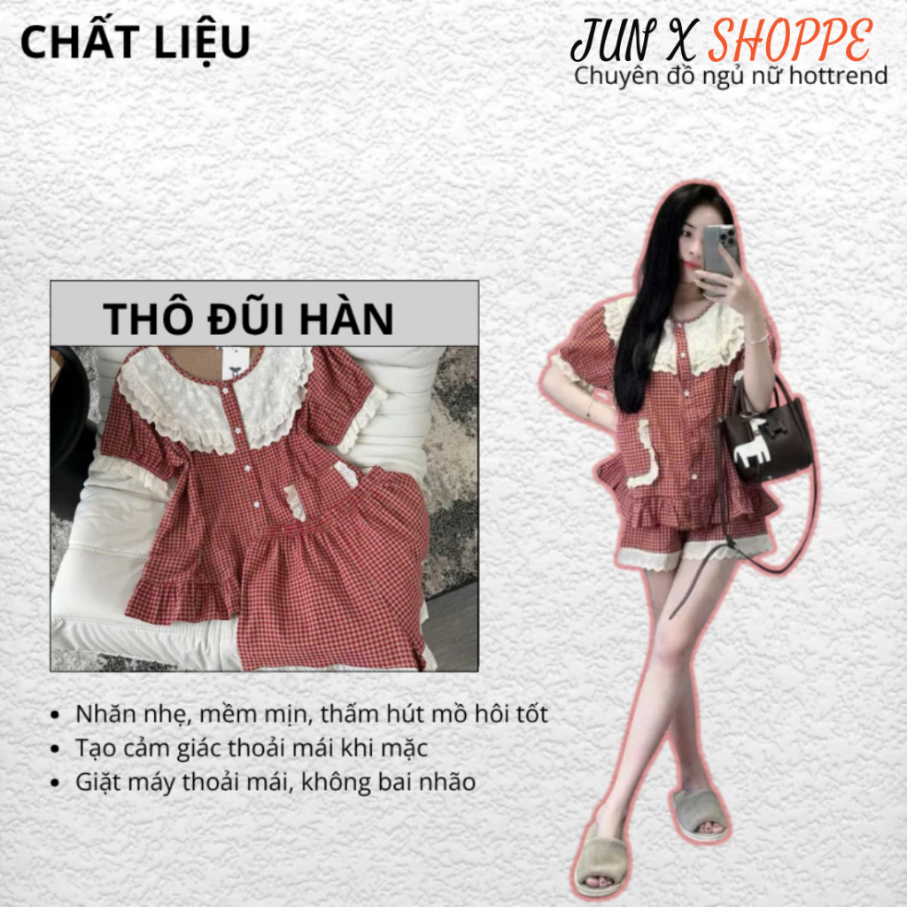 Set đồ ngủ nữ kẻ caro đỏ cổ ren bèo nhún tay ngắn viền ren, bộ pijama nữ mặc nhà dễ thương thoải mái HCOM25469