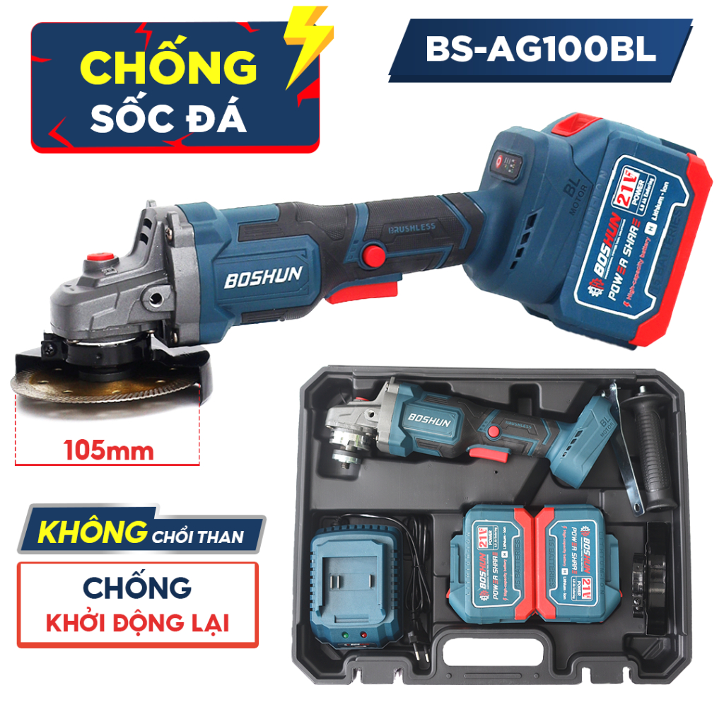 [Tặng lưỡi mài] Máy mài góc, máy cắt Bossun BS-AG100XBL - Cắt Sắt, Cắt Gỗ, motor 100% lõi đồng, 3 tốc độ, chống sốc đá