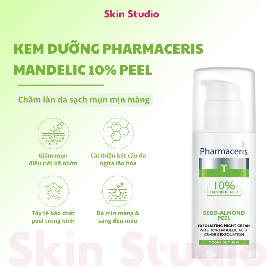 Kem dưỡng Pharmaceris 5% & 10% Mandelic Acid Sebo Almond Peel giảm dầu mụn ngăn bít tắc sáng da 50ml