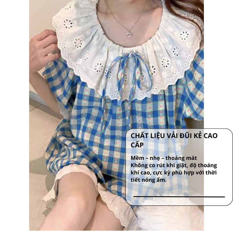 Set đồ ngủ nữ cao cấp kẻ caro màu xanh dáng rộng cổ sen ren dễ thương, bộ pijama nữ mặc nhà tay ngắn cực xinh HCOM25474