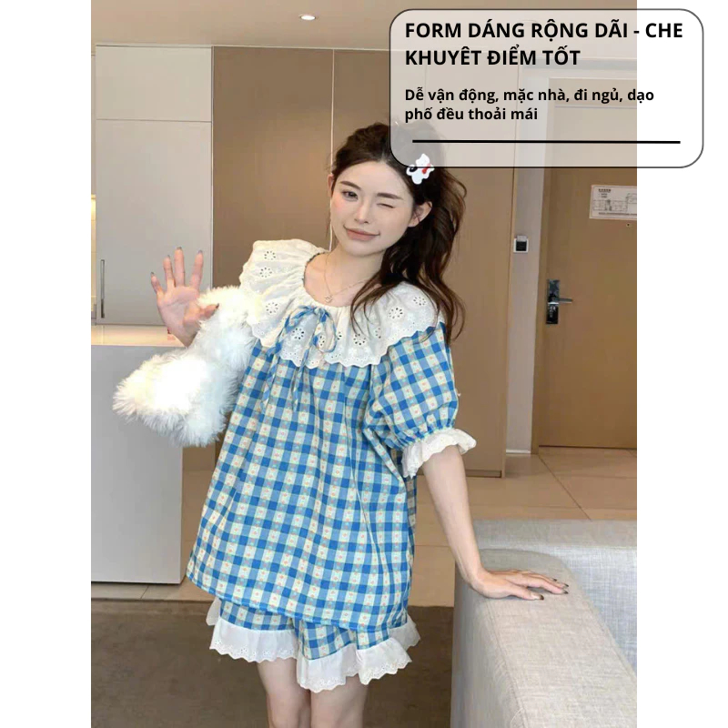 Set đồ ngủ nữ cao cấp kẻ caro màu xanh dáng rộng cổ sen ren dễ thương, bộ pijama nữ mặc nhà tay ngắn cực xinh HCOM25474