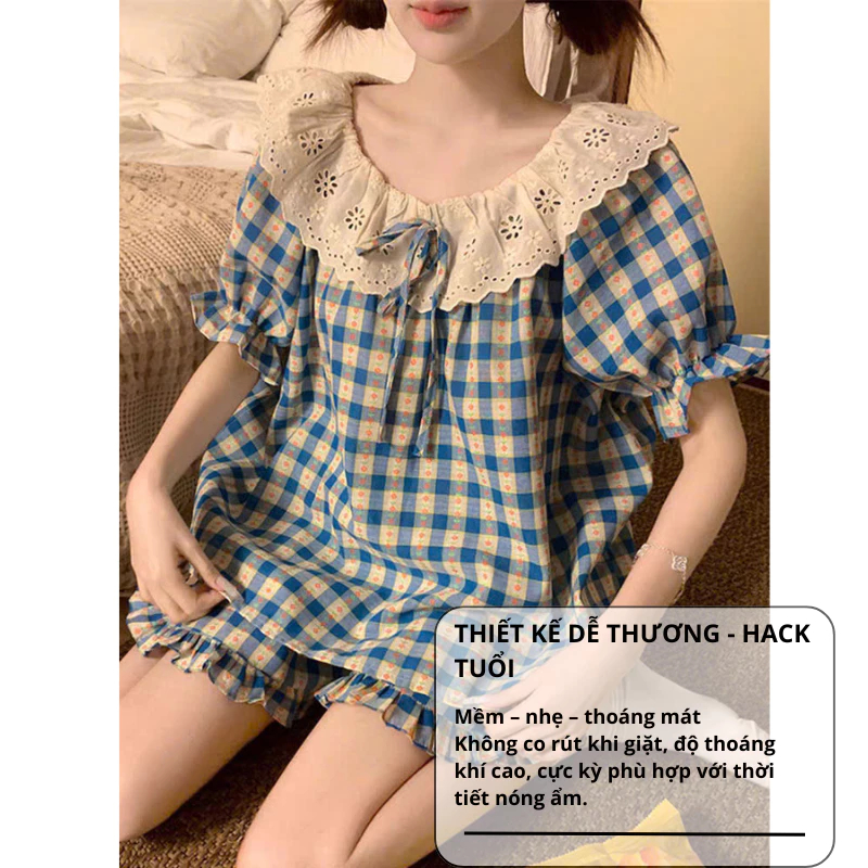 Set đồ ngủ nữ cao cấp kẻ caro màu xanh dáng rộng cổ sen ren dễ thương, bộ pijama nữ mặc nhà tay ngắn cực xinh HCOM25474