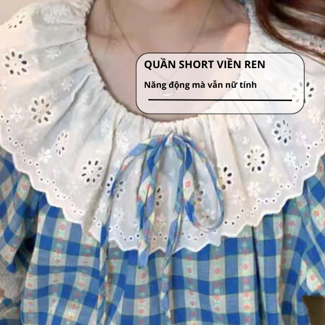Set đồ ngủ nữ cao cấp kẻ caro màu xanh dáng rộng cổ sen ren dễ thương, bộ pijama nữ mặc nhà tay ngắn cực xinh HCOM25474