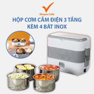 Hộp cơm cắm điện 2 tầng 4 bát inox giữ nhiệt hâm nóng và nấu chín tiện lợi nhỏ gọn dễ mang theo