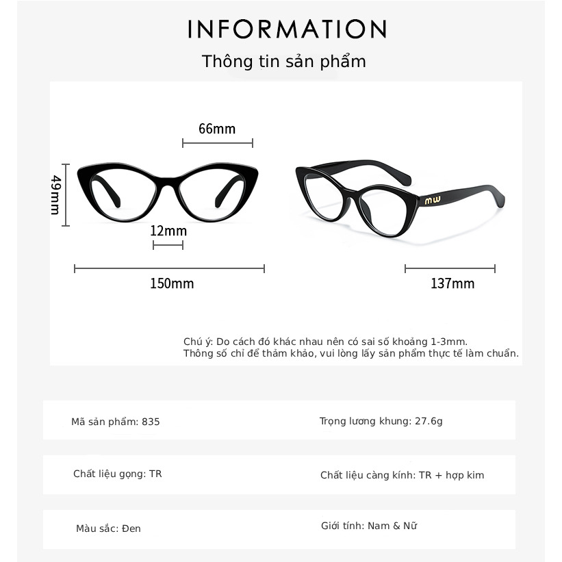 Kính Cận Mắt Mèo Unisex INNI 835 Thời Trang, Gọng Kính Nhựa Cao Cấp, Kiểu Dáng Cá Tính