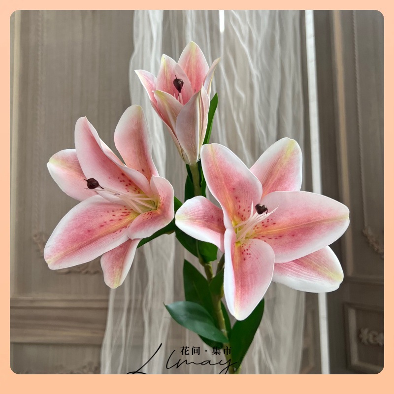 Cành hoa ly giả decor trang trí 2 bông 1 nụ cao 75cm chất liệu casu cao cấp