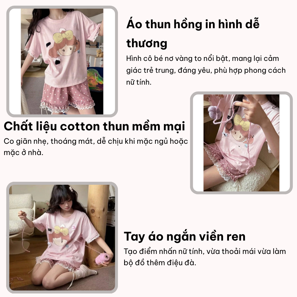 Bộ pijama nữ mặc nhà dễ thương màu hường, bộ ngủ cotton nữ cao cấp áo thun mix quần short phối ren HCOM25770