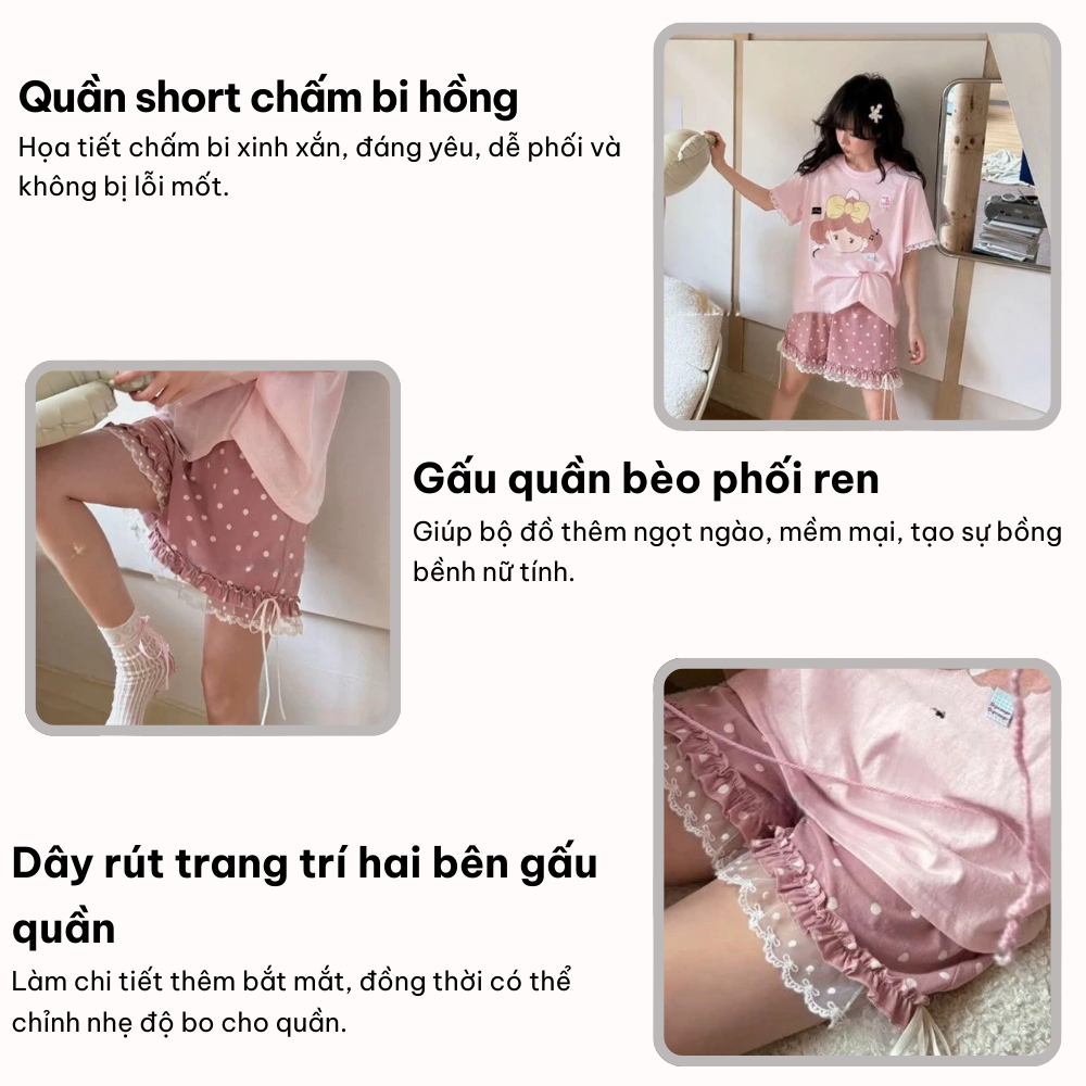 Bộ pijama nữ mặc nhà dễ thương màu hường, bộ ngủ cotton nữ cao cấp áo thun mix quần short phối ren HCOM25770