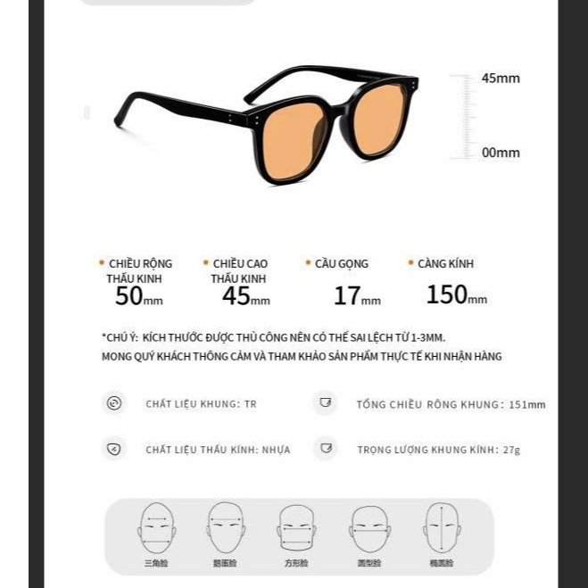 Kính Mát Vuông Unisex Màu Cam Hoàng Hôn Thời Thượng Chống Tia UV, Gọng Nhựa PC Cao Cấp - Mã 8810