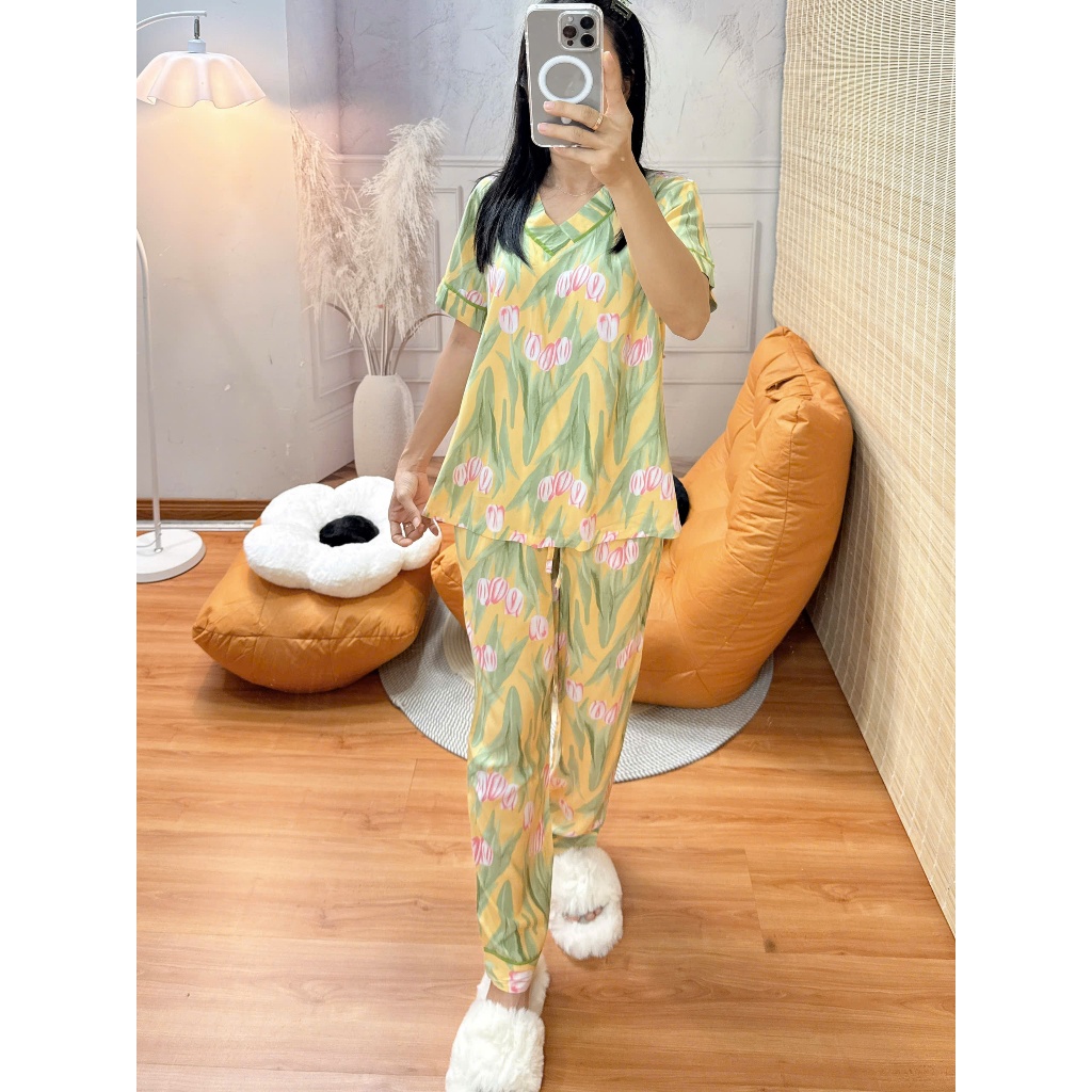 Bộ tole lanh cổ tim viền lé hàng thiết kế may kỹ 43-75kg - Nocnhasleepwear