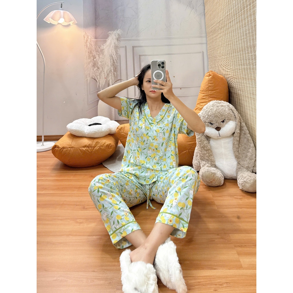 Bộ tole lanh cổ tim viền lé hàng thiết kế may kỹ 43-75kg - Nocnhasleepwear