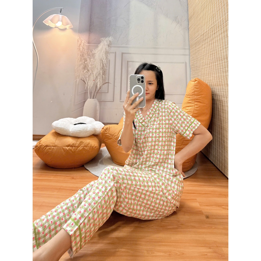 Bộ tole lanh cổ tim viền lé hàng thiết kế may kỹ 43-75kg - Nocnhasleepwear