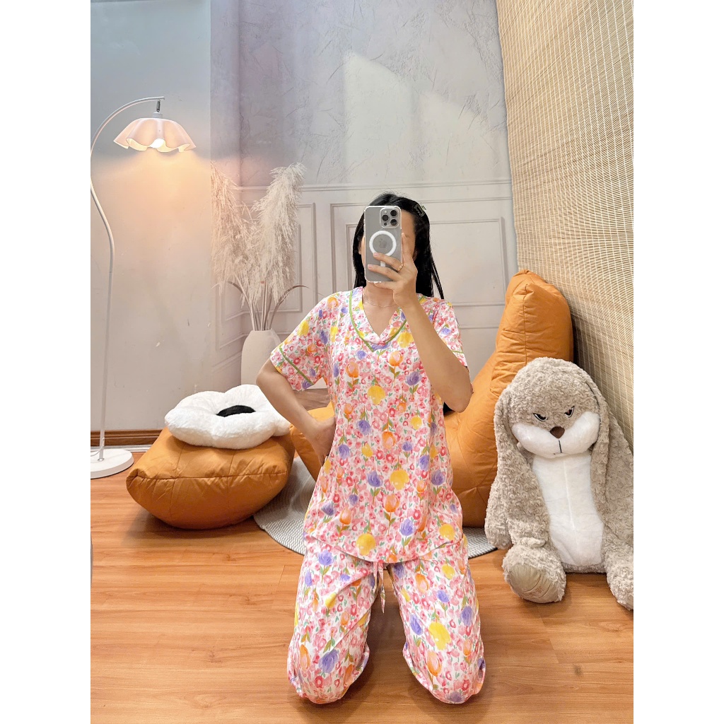 Bộ tole lanh cổ tim viền lé hàng thiết kế may kỹ 43-75kg - Nocnhasleepwear