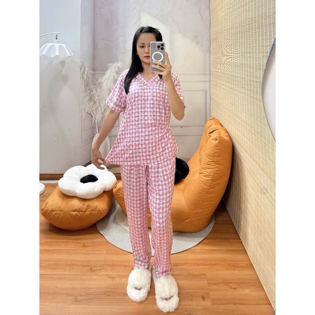 Bộ tole lanh cổ tim viền lé hàng thiết kế may kỹ 43-75kg - Nocnhasleepwear