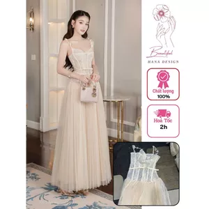 Đầm Tiệc Ren 2 Dây Đính Nơ Dáng Dài Chuẩn CHOUCHOU Đầm Ren Tiệc Sang Chảnh Nhìu Lớp